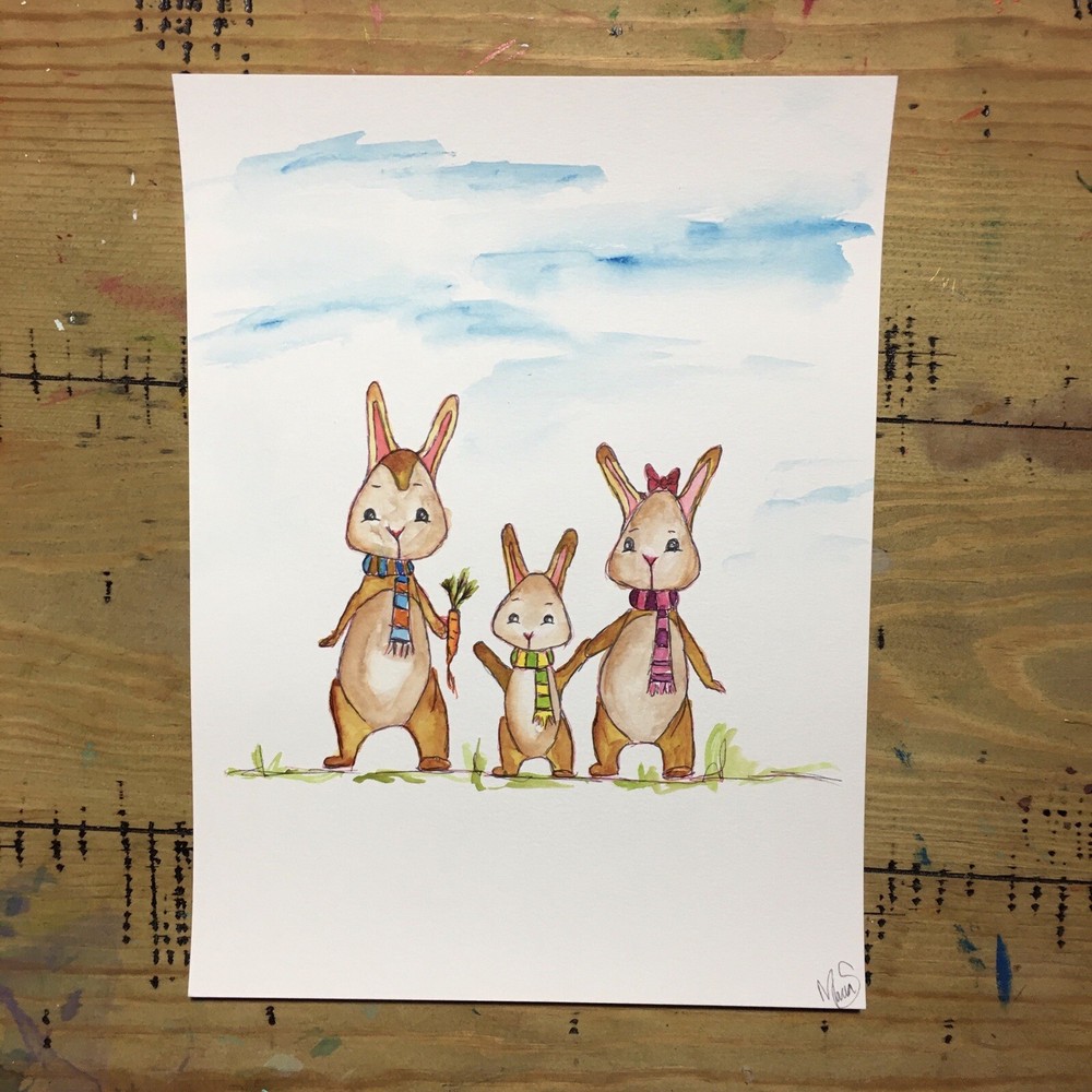 Maria Scalf Bunny Rabbit Family Mother Father Child Modern Watercolor Art 9x12