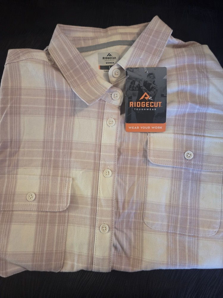 New Large Ridgecut Toughwear Women's Pink and White Plaid Button-Front Shirt