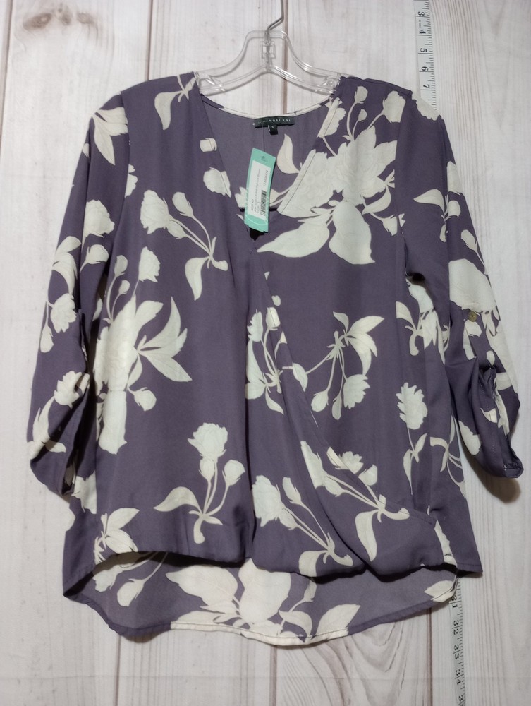West Kei Womens Small Surplice Floral Rolltab High-Low Blouse