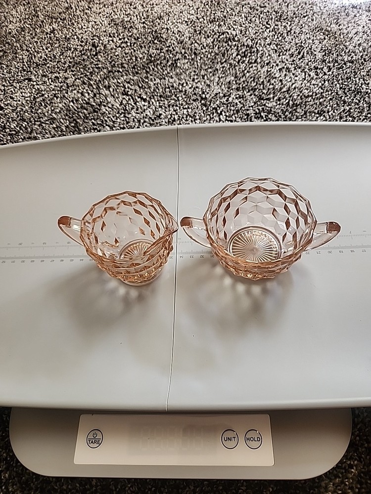 Pink Depression Creamer and sugar bowl set in Cube Pattern Jeannette Glass