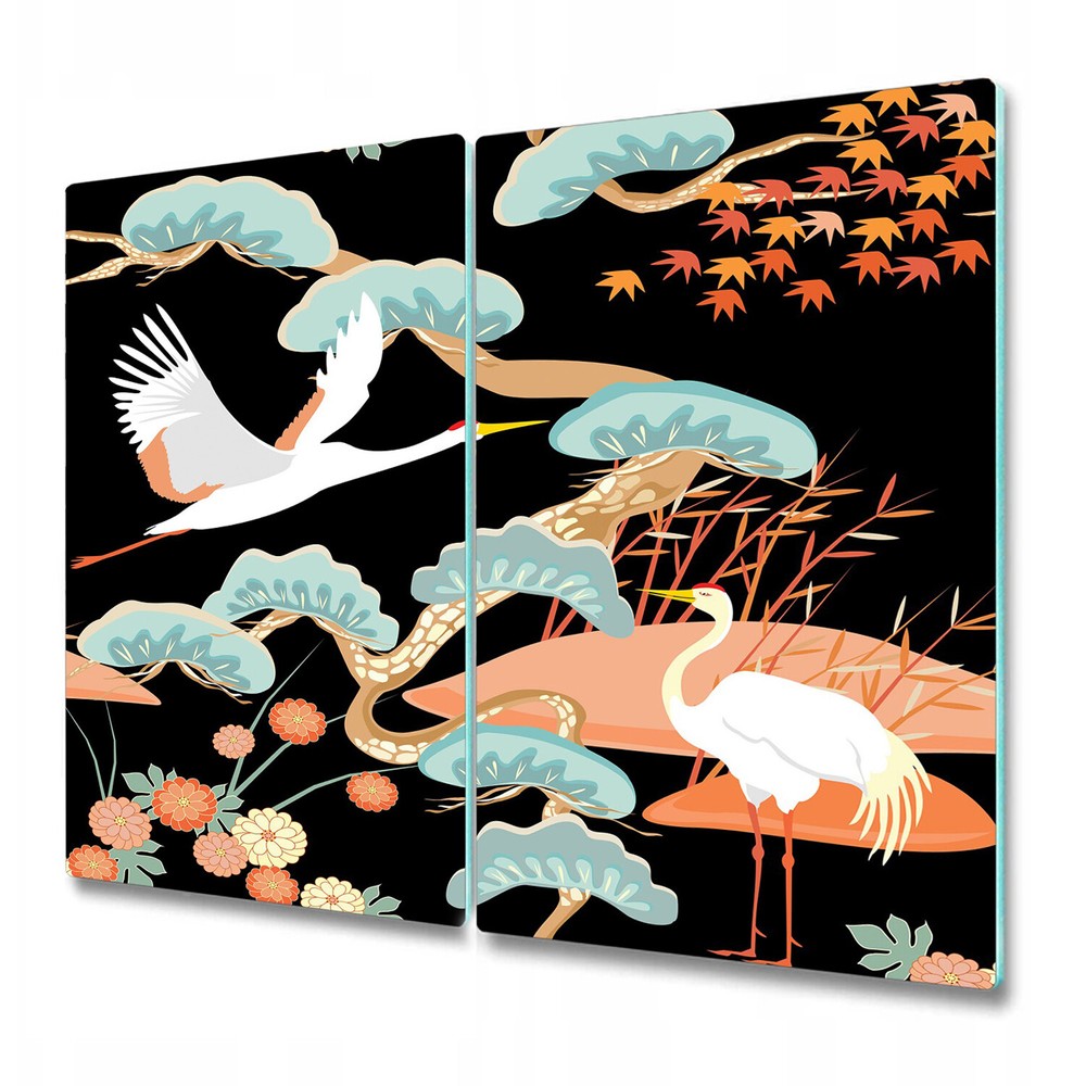 Glass Kitchen Surface Protector Chinoiserie Crane Birds and Trees art 2x30x52