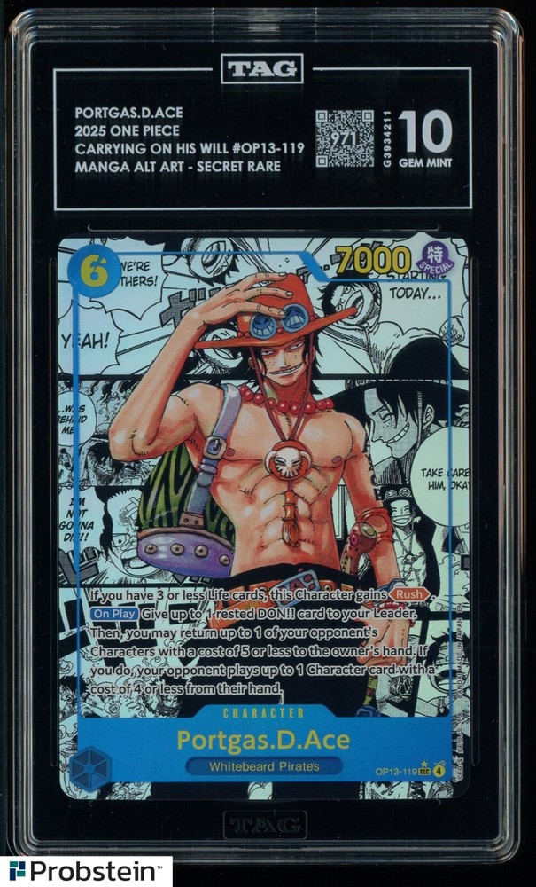 2025 One Piece Carrying On His Will Manga Alt Art Portgas D. Ace TAG 10 GEM MINT