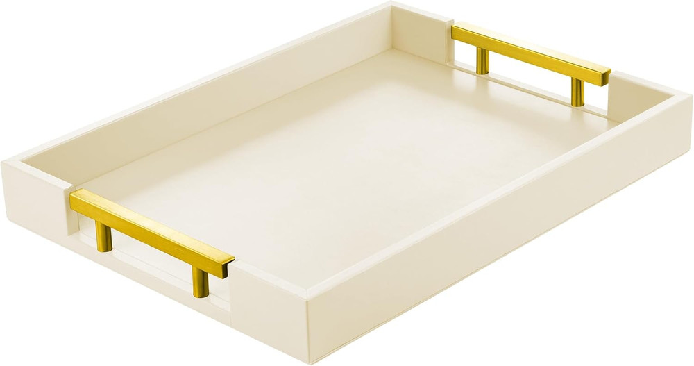 Leather Serving Tray with Gold Polished Metal Handles, Home Decorative Wooden Re