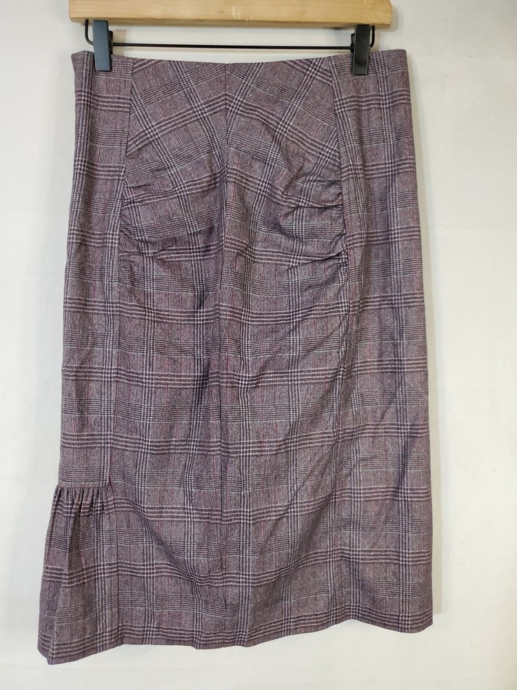 Vintage Nanette Lepore Wool Blend Plaid Skirt Size 8 Ruched Ruffle Pencil Midi