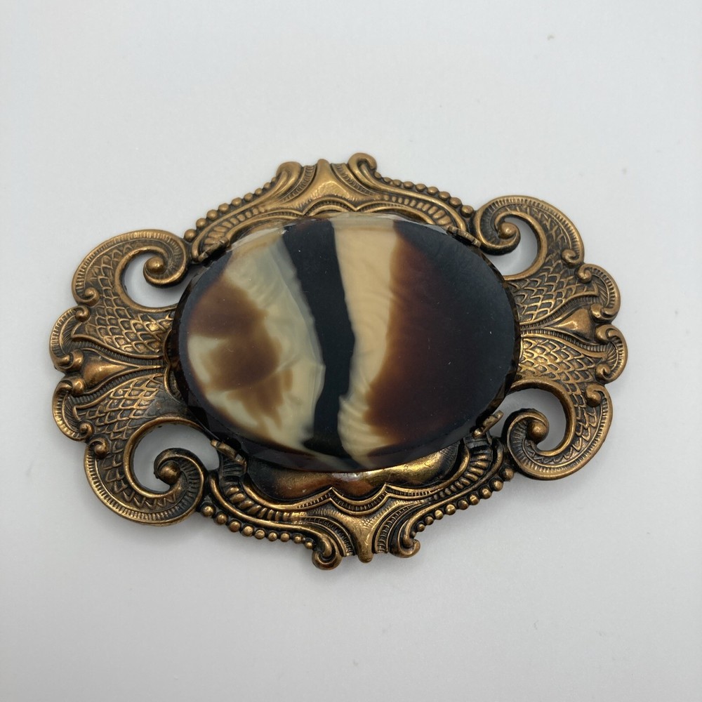 Vintage Victorian Revivial Glass Agate / Faux Pin Brooch