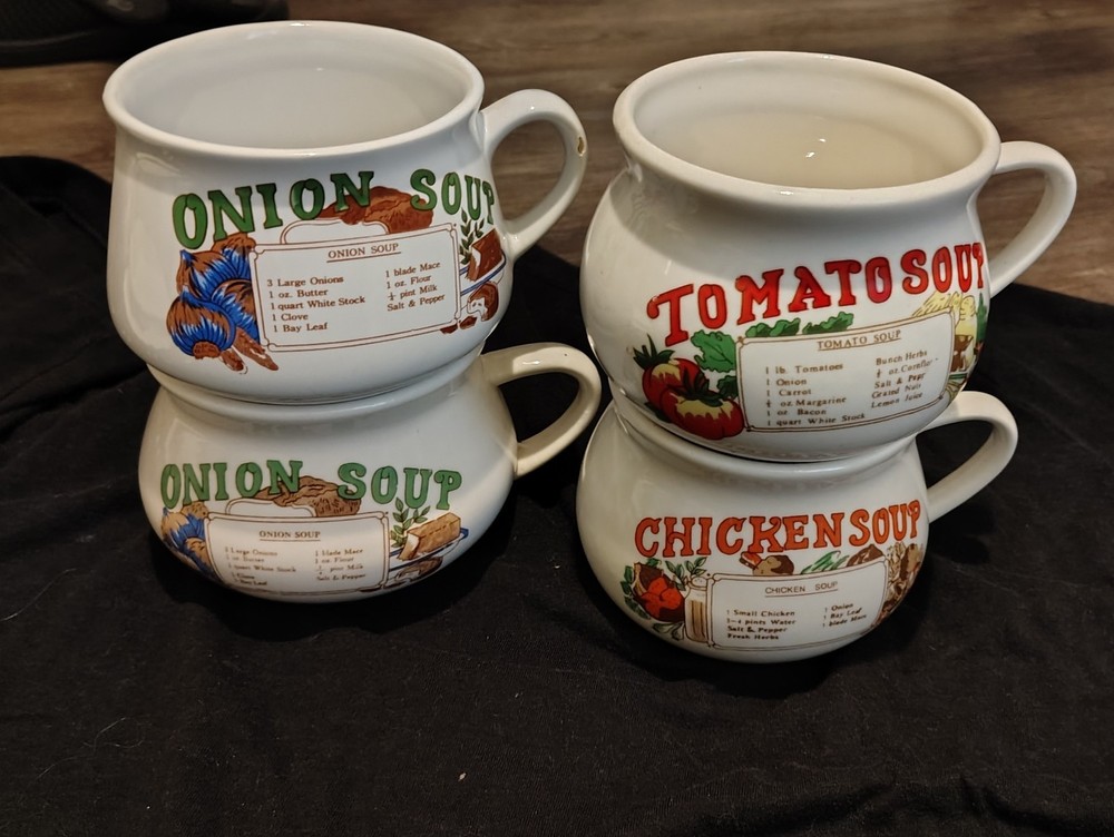 Vtg Soup Recipe Mugs Retro 70's Kitchen Set of 4 CHICKEN ONION TOMATO