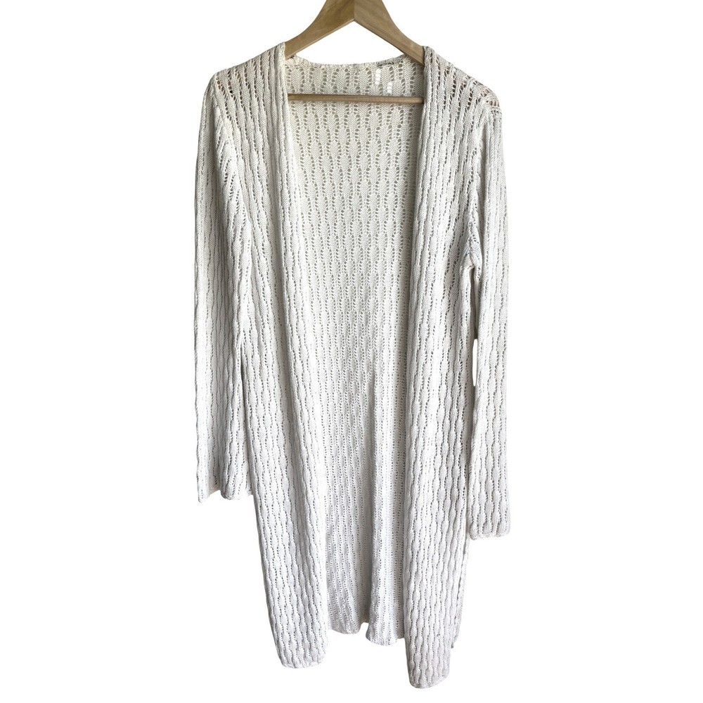 White Open Knit Duster Cardigan Long Sleeve Tie Front Pointelle Maxi Sweater