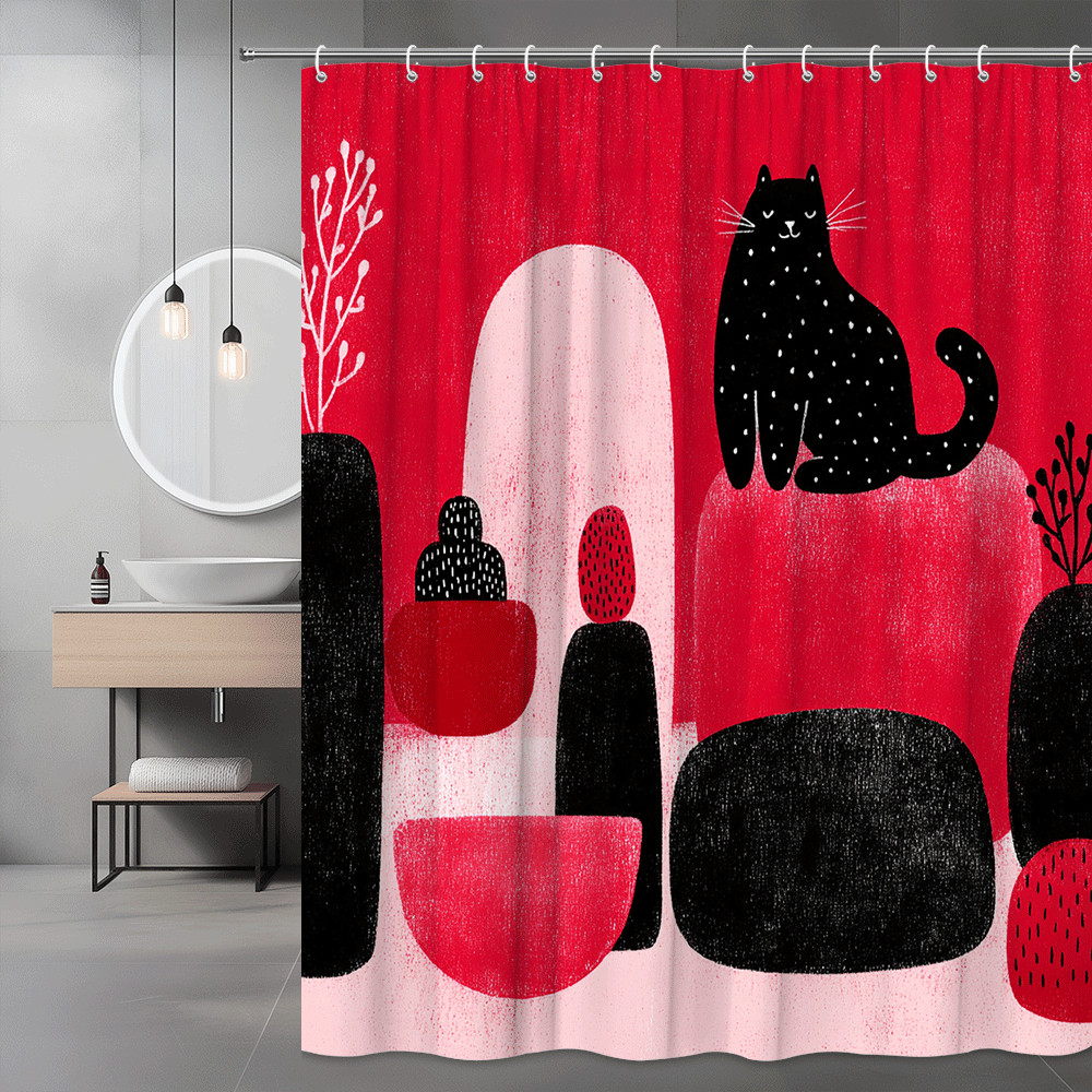 Black Cat Abstract Red Shower Curtain, Modern Graphic Print