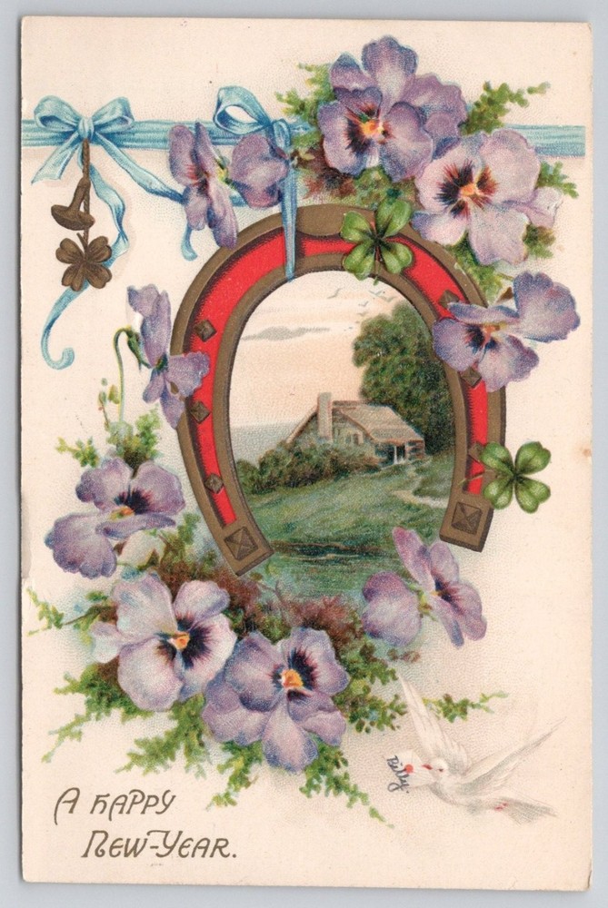 1908 New Year Postcard Pansies Horseshoe Cottage Portland OR Postmark Embossed