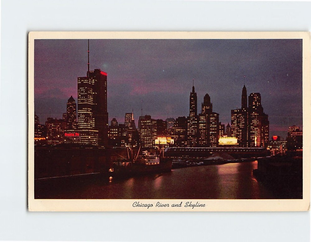 Postcard Chicago River and Skyline at Night Chicago Illinois USA