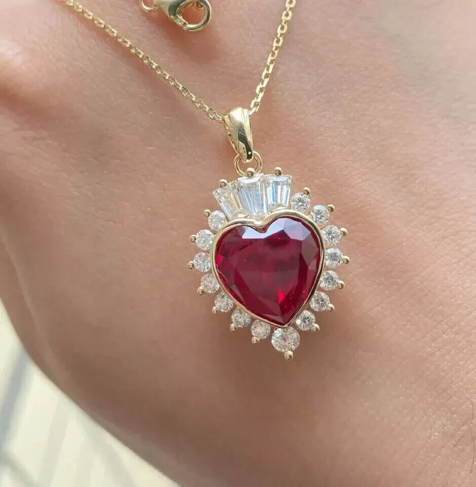 2Ct Heart Cut Lab Created Red Ruby Halo Pendant Necklace 14k Yellow Gold Plated