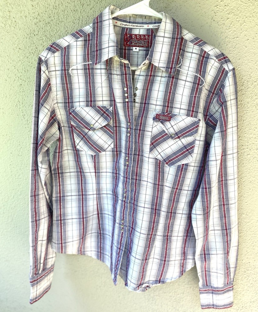 Cowgirl Hardware Plaid Collared Embroidered Western Shirt Women's M