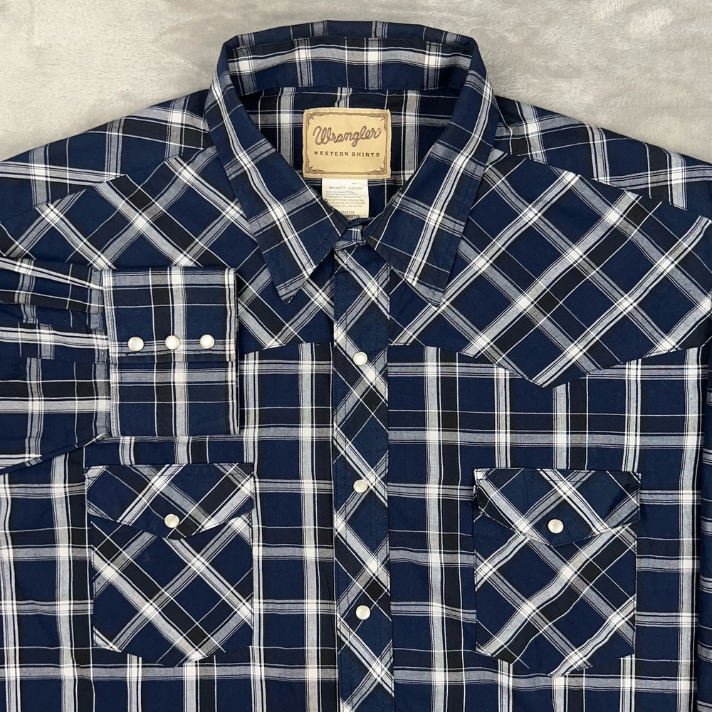 WRANGLER Pearl Snap Western Shirt Men's 2XL Long Sleeve Blue Plaid Cowboy Rodeo