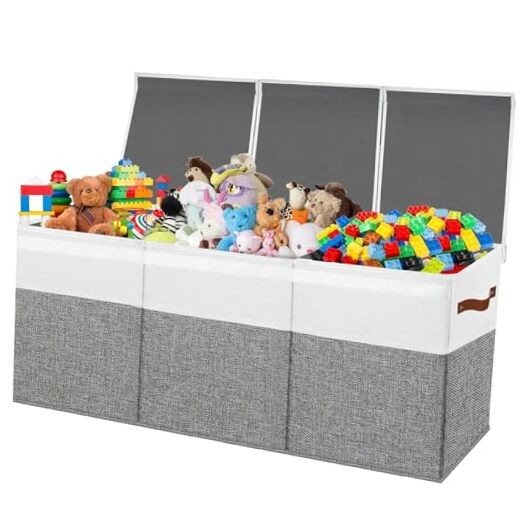 Large Grey Toy Storage Chest with Lid for Organizing Toys and Stuffed Animals  