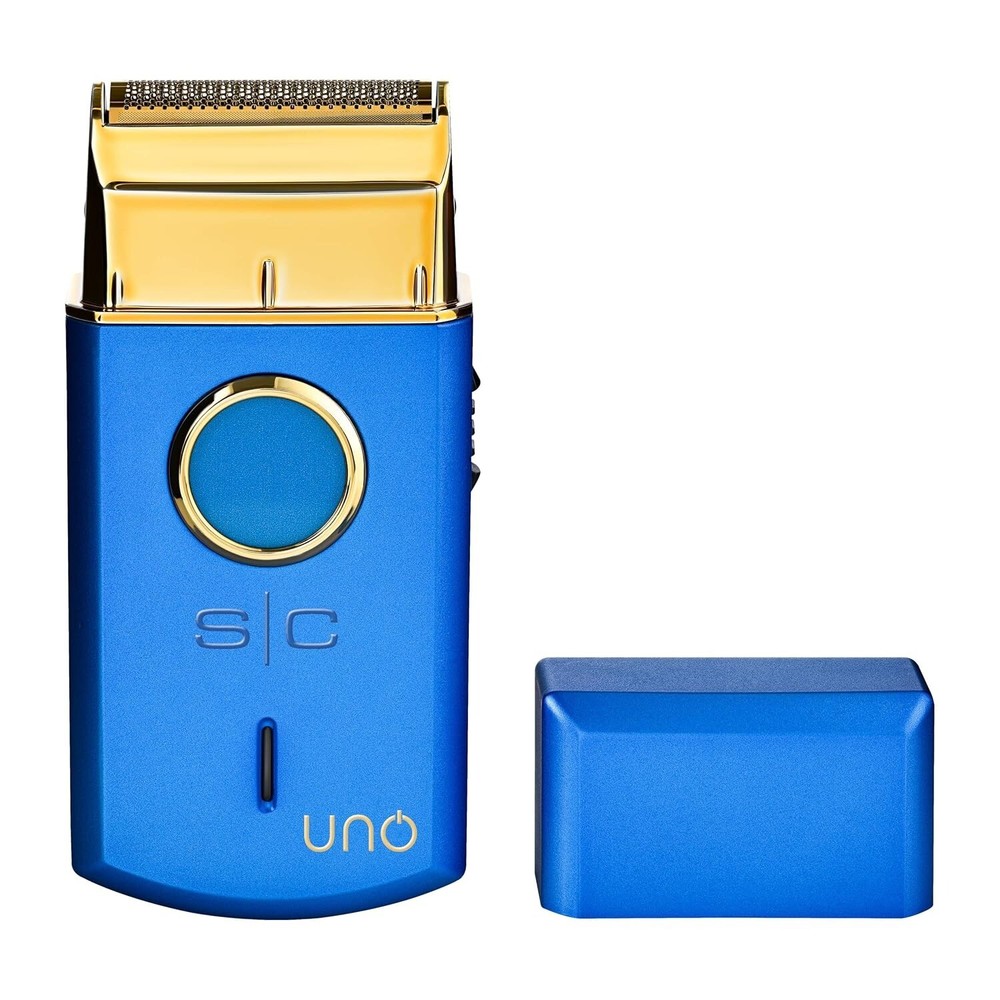 Gold Titanium Mini Uno Foil Shaver - Battery Powered & Travel-Ready Blue Device