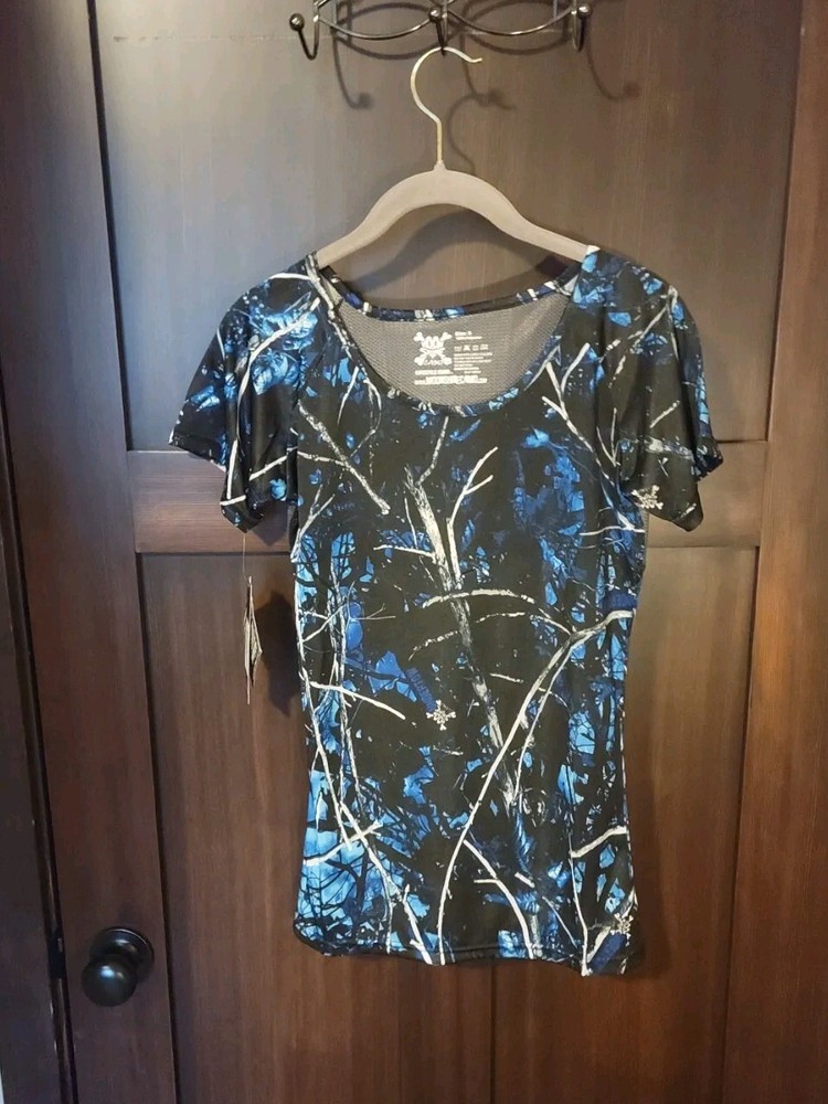 NWT Women's Moon Shine Camo Black & Blue SS Active T-Shirt Top Size Small NEW!!
