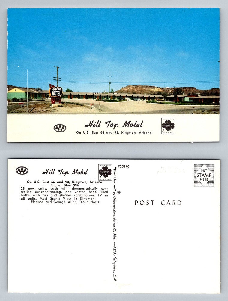 Kingman, AZ-Arizona, Hill Top Motel U.S. East Route 66 & 93 Vintage Postcard