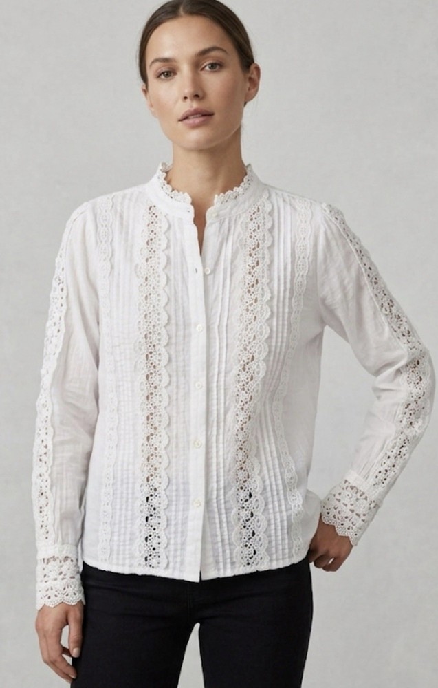 Jennifer & Grace Lace Blouse White L Cotton Long Sleeve Peasant Top Pre-owned