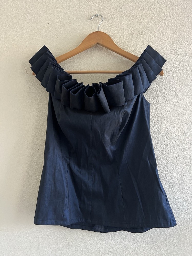 TADASHI Collection Navy Blue Satin Taffeta Top Size 10 Pleated Luxy Party NYE