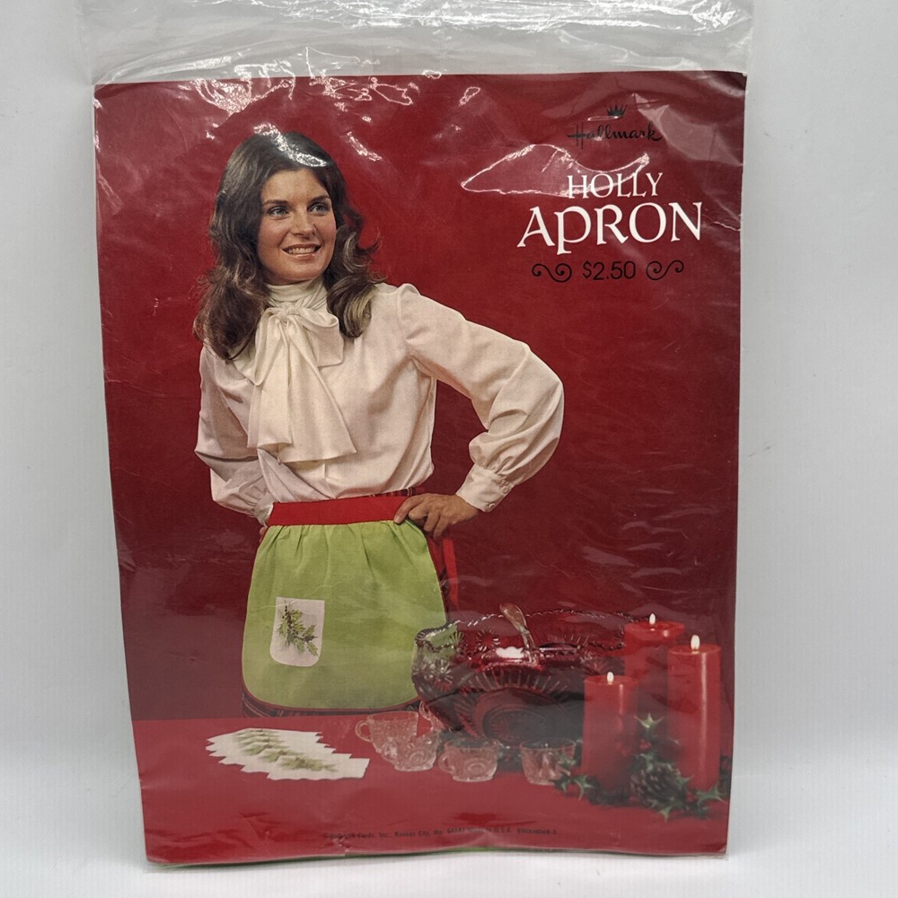 Vintage New Hallmark Christmas Half Apron Holly Poinsettia Green Red 70’s
