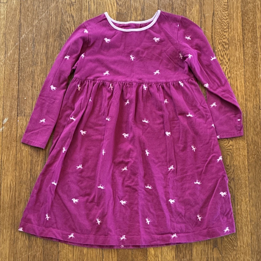 Lands' End Girls A-Line Animal Print Dress Purple Pink Horse Cotton Long Sleeve…
