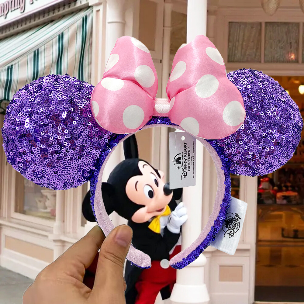Pink Polka Dot Bow Disney Parks Purple Sequin Minnie Mickey Ears Headband US