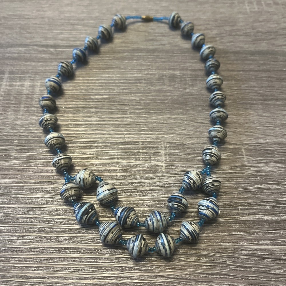 Vintage Handmade Paper Bead Layered Necklace Blue Boho Statement