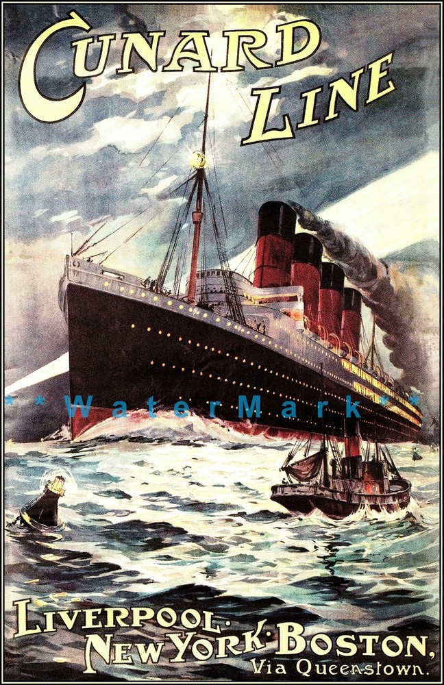 Cunard Line 1907 Liverpool NY Boston Ship Ocean Liner Vintage Poster Print Décor