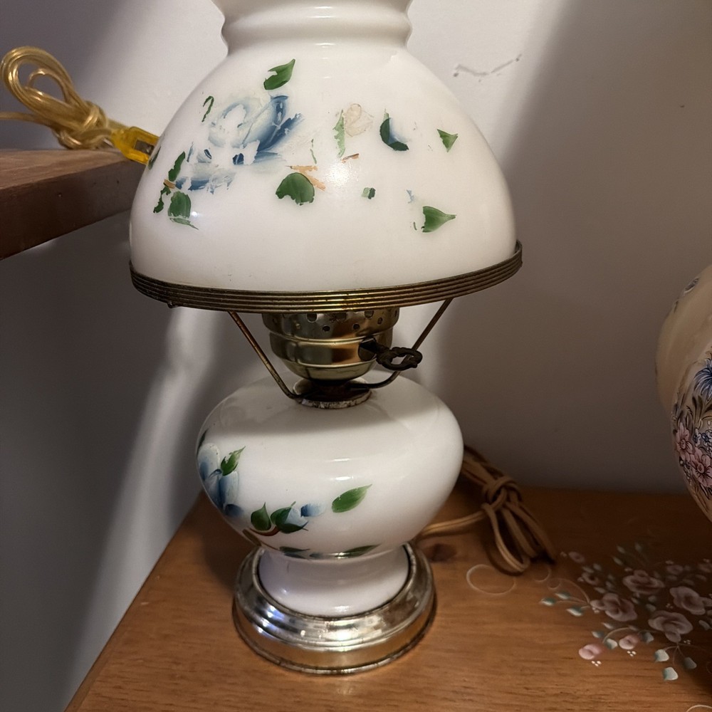 Vintage Hurricane White Glass Lamp Hand Painted Blue Rose Motif