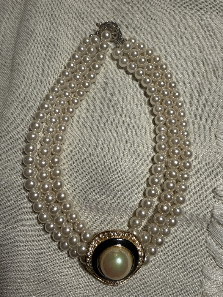 #4 Vintage Faux Pearl Multi Strand Choker Necklace Rhinestone Statement Collar