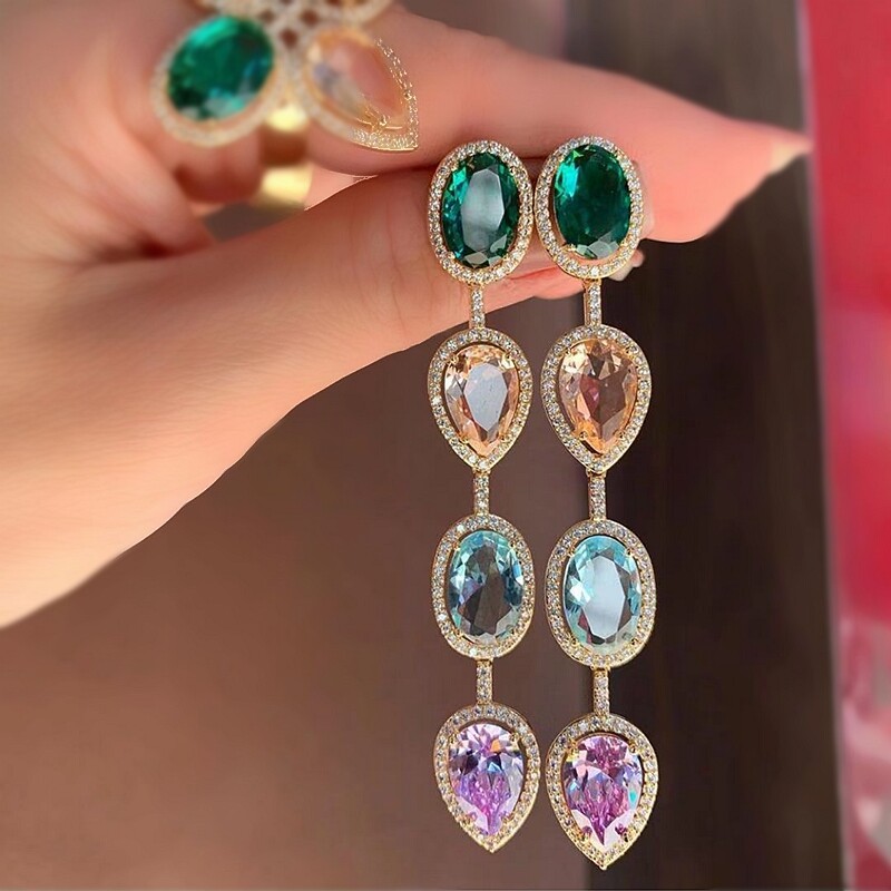 Yellow Gold Plated Cubic Zirconia Long Dangle Drop Ear Line Earrings Women Party