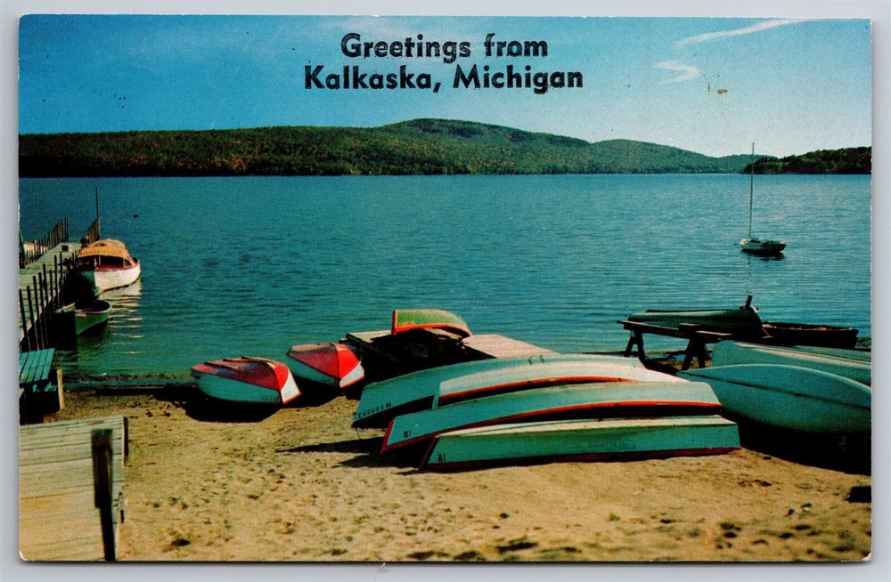Greetings From Kalkaska MI Lake Docks Boats Postcard T17