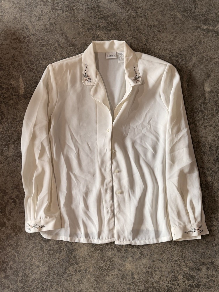 Koret Ivory Solid Button-Up Collared Long Sleeve Embroidered Floral Blouse 10