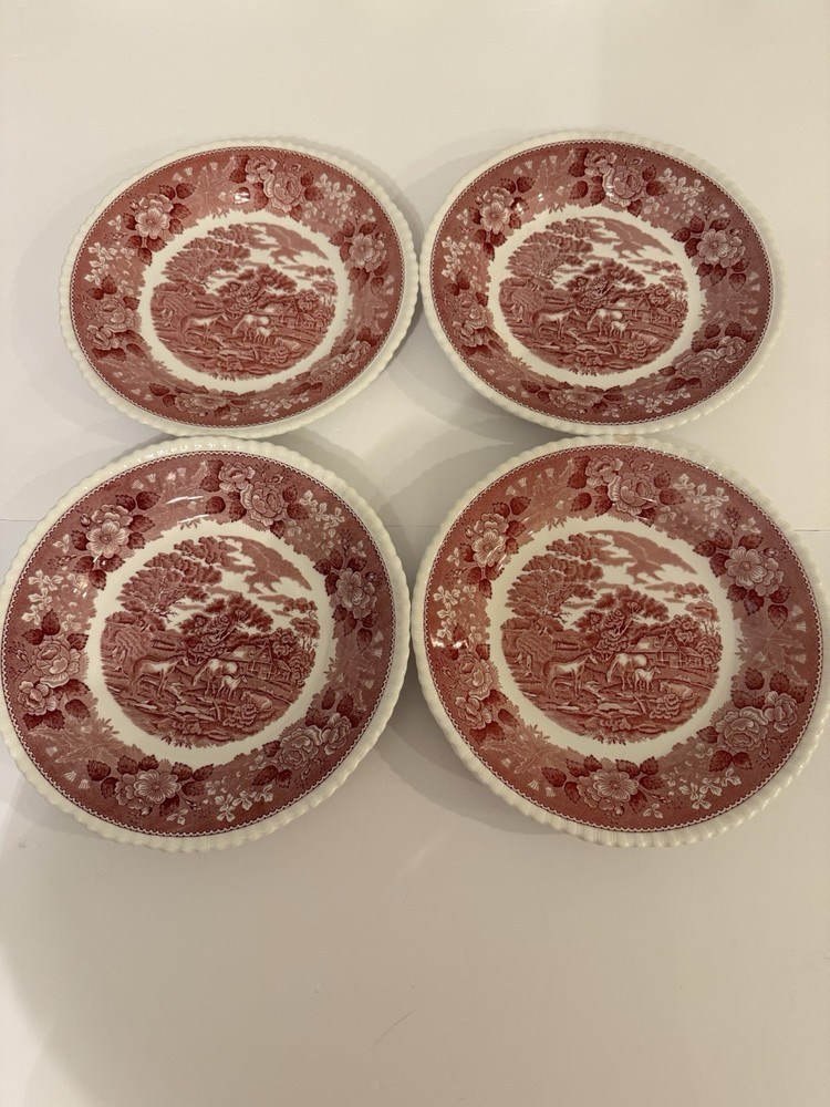 English Scenic Ironstone Scalloped Edge Dinner Plates (4)  By Adams