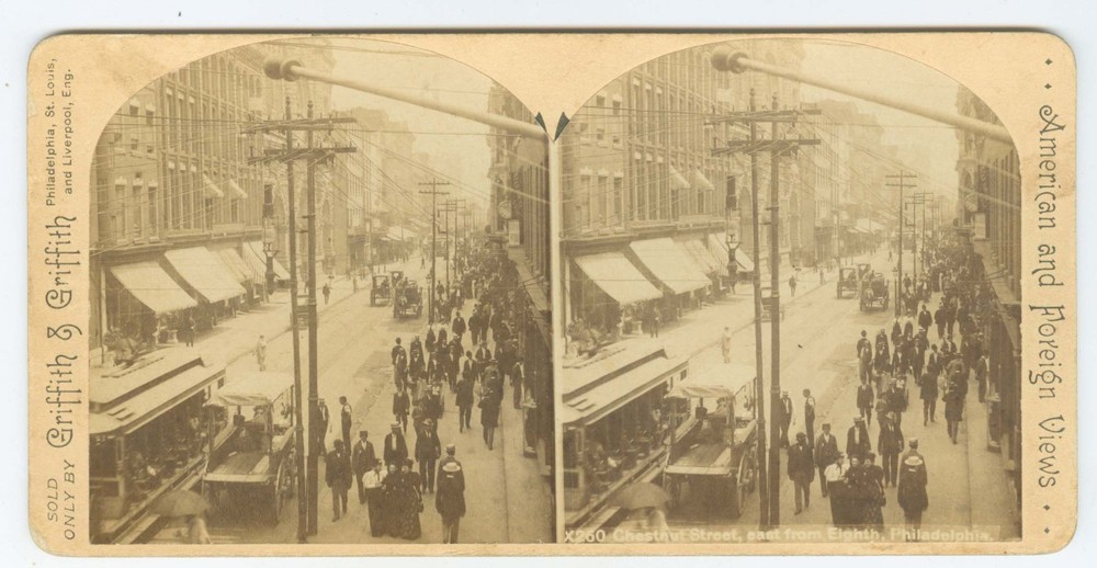 G2093~ PHILADELPHIA – Chestnut Street Trolley & Wagons 1890s Stereoview