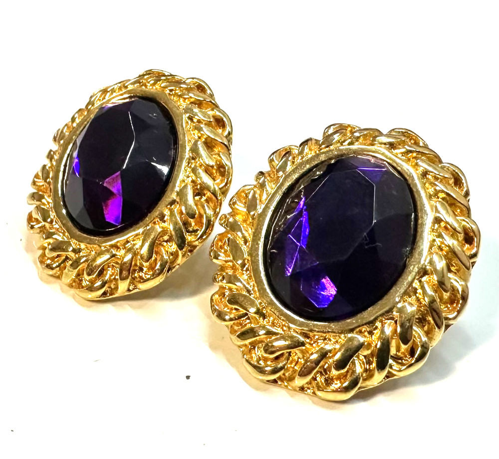 Signed KENNETH JAY LANE Vtg Purple Gold Tone Pierced Earrings Jewelry Lot I