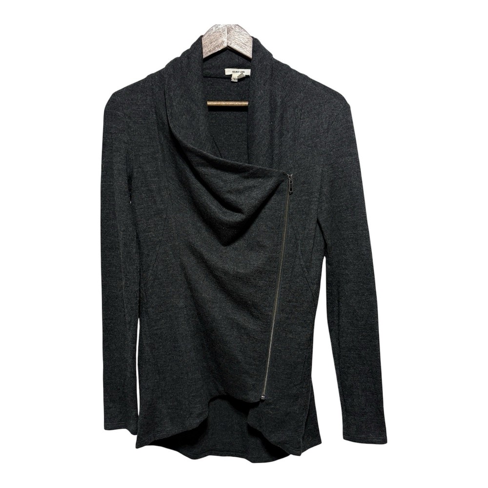 Helmut Lang Cardigan Womens S Gray Wool Moto Zip Drape Sweater
