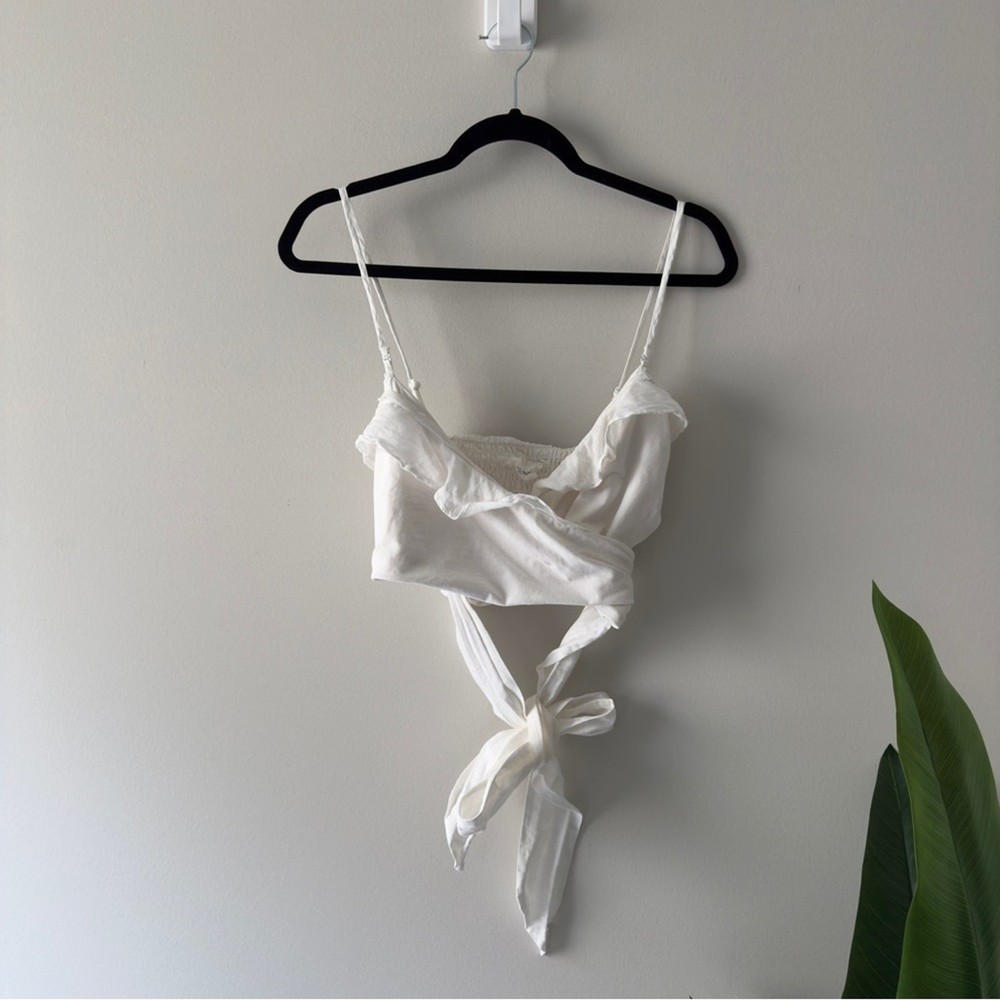 Anthropologie White tie wrap Smocked back crop Top adjustable spaghetti straps M