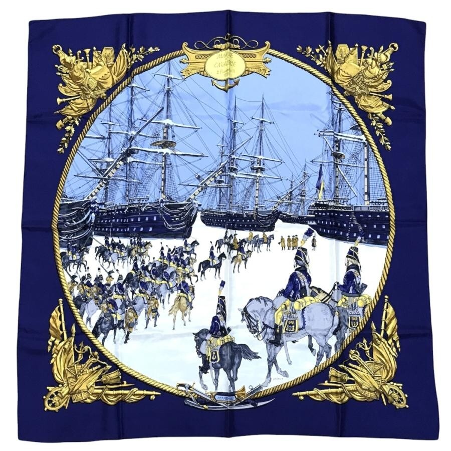 HERMES Carre 90 M3355 Silk Scarf Multicolor Sea and Cavalry Design Authentic