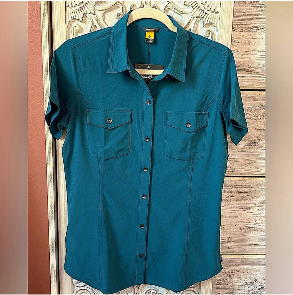 Eddie Bauer  Short Sleeve Blue Button Down Departure Golf Top Sz Med. NWT