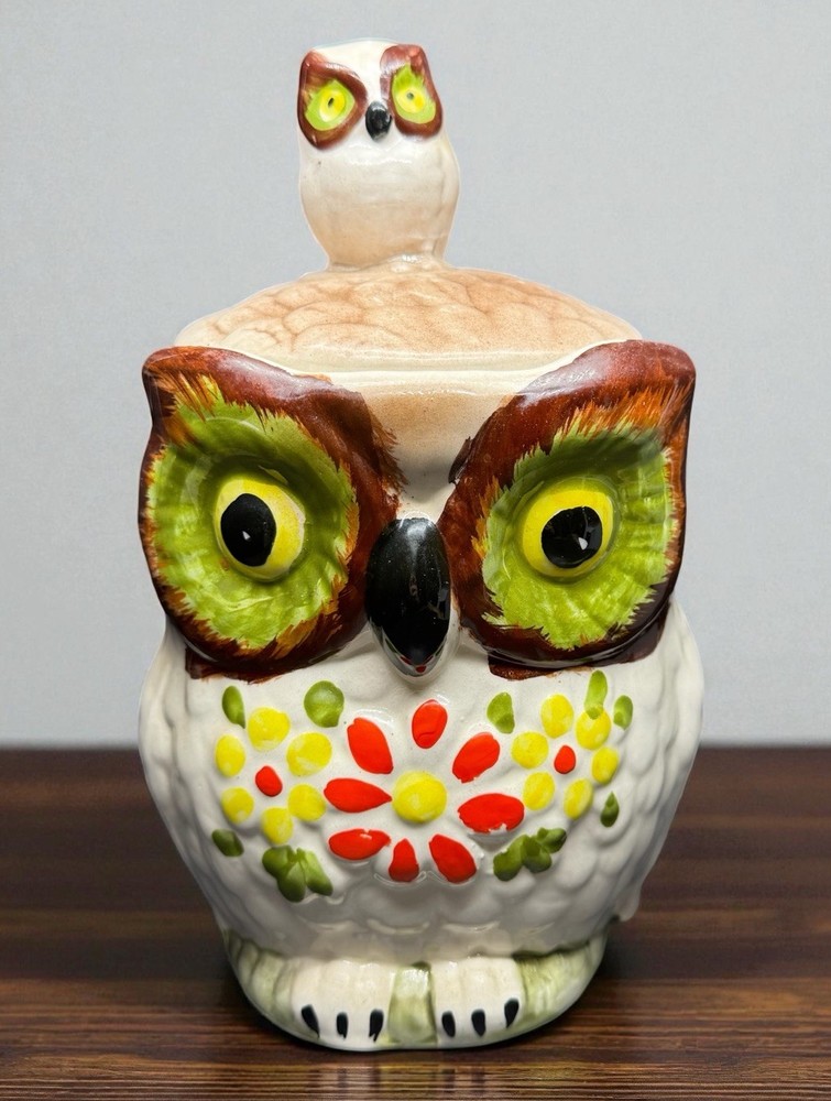 Vintage Ceramic Owl Cookie Jar Retro Floral Green Red Yellow