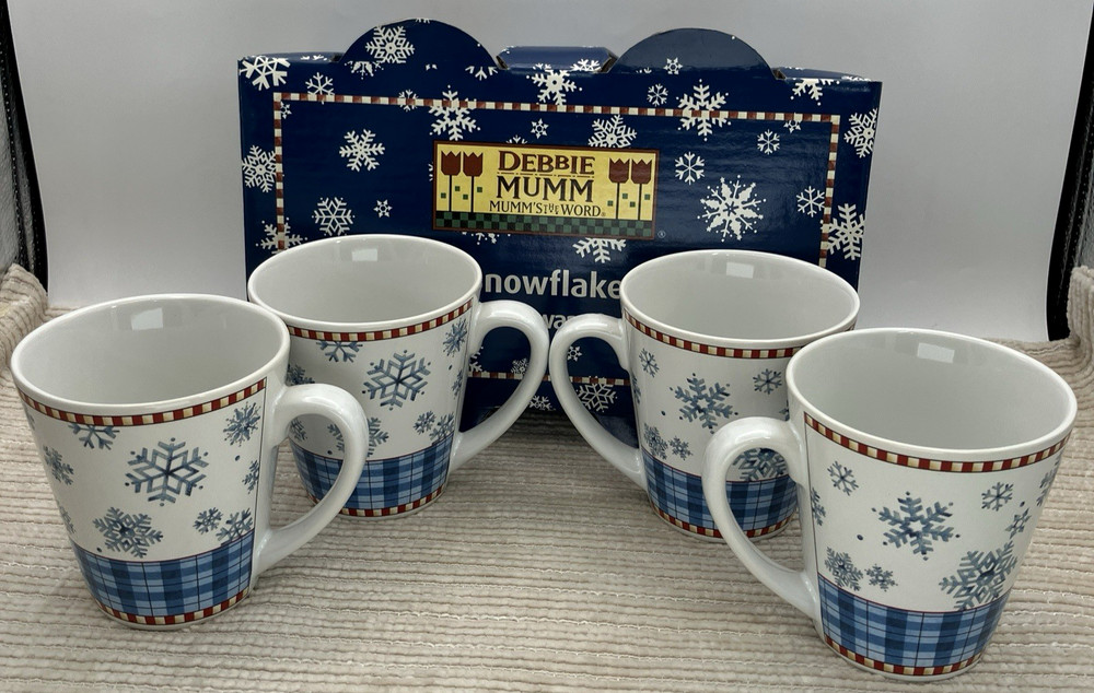 SAKURA Debbie Mumm Set of 4 Snowflake Stoneware Coffee Mugs Cups Cone Shaped