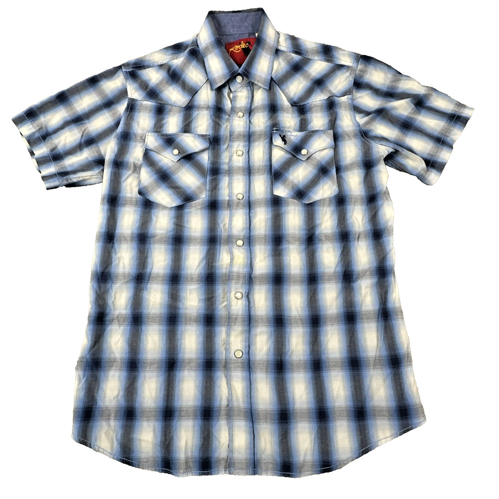Rodeo Men's Western Shirt Plaid Pearl Snap Short Sleeve Size M Vintage
