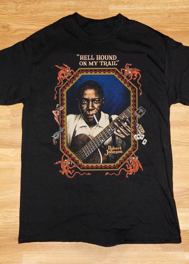 VTG Robert Johnson Hellhound on My Trail Cotton Black T Shirt S-5XL MC439