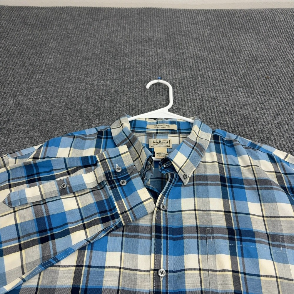 LL Bean Button Up Mens XXL Blue Cotton Plaid Wrinkle Free Traditional Fit Casual