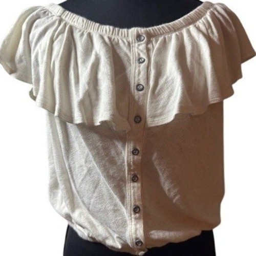 Free People Womens S Cream Off The Shoulder Ruffle Button Front Blouson Knit Top
