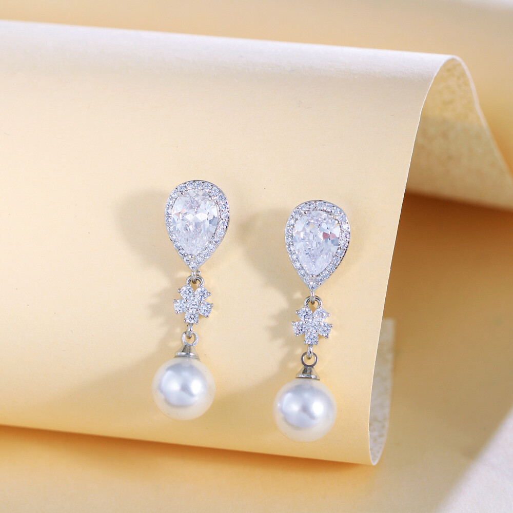Fashion Silver Plated Cubic Zirconia CZ Women Water Drop Pearl Dangle Earrings