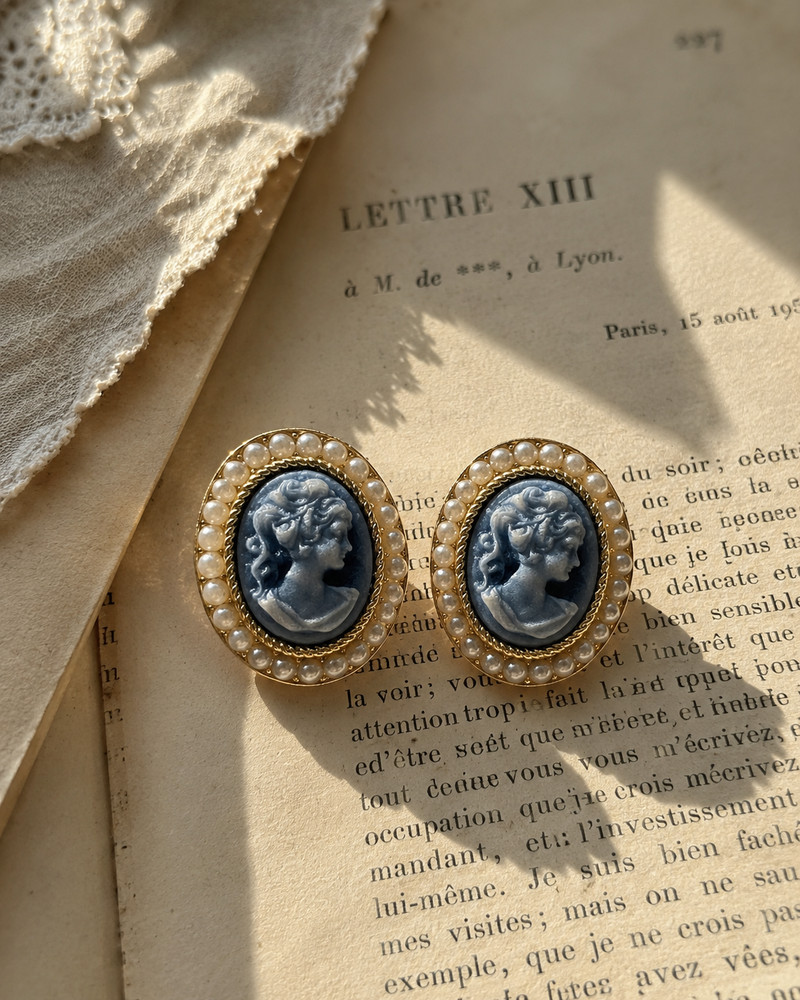Blue Cameo Stud Earrings Vintage Victorian Romantic Jewelry