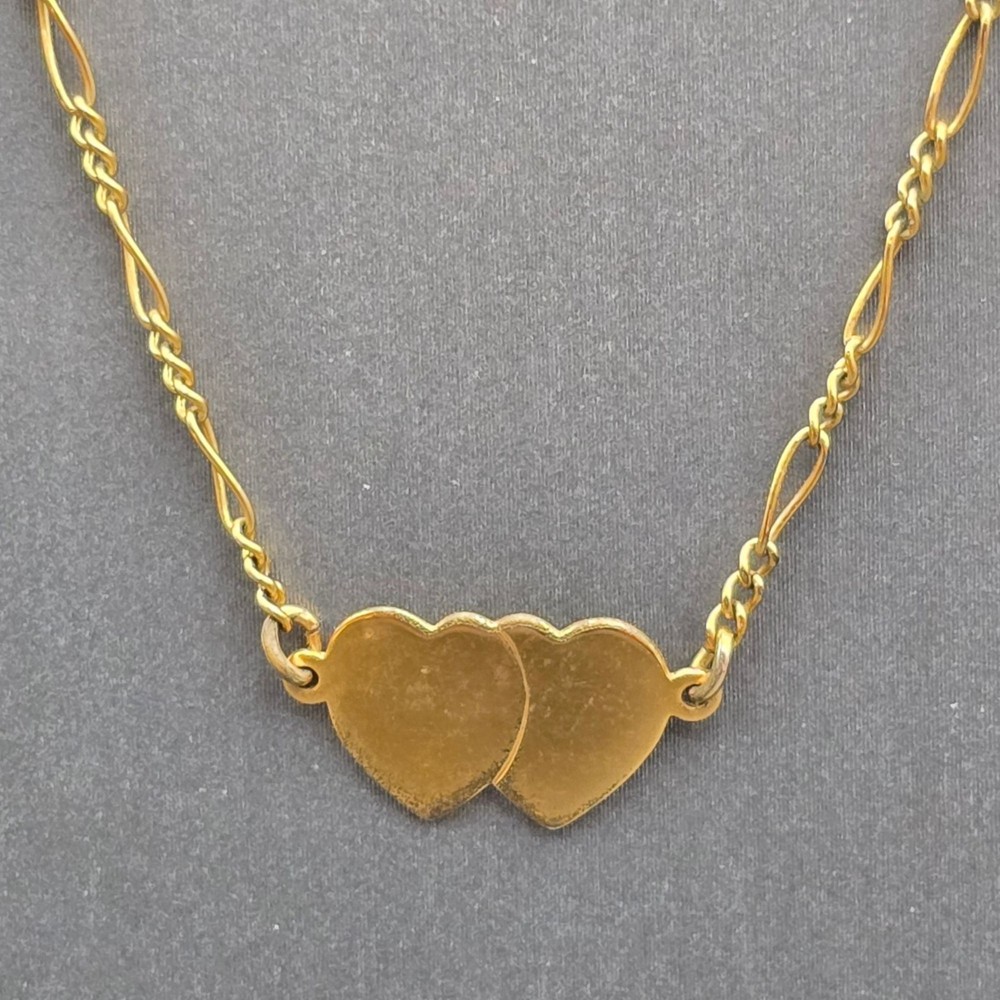 Vintage 12k Gold Filled Double Heart Choker Necklace Figaro Chain Statement