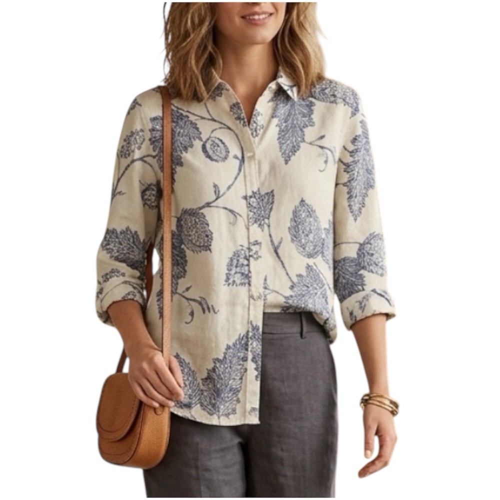 Lauren Ralph Lauren 100% Linen Blue & Cream Floral Button Down Shirt Women's XL